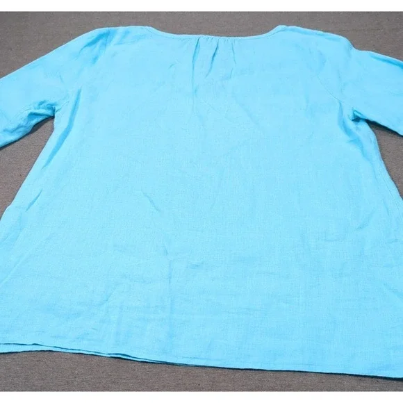 Eileen Fisher Irish Linen Tunic Blue Split Top Neck Tie 3/4 Sleeve Womens PM - Picture 14 of 15